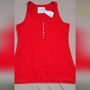 H&M L.O.G.G. Red Lace Henley TankTop Women’s Size M NWT Cotton Sleeveless Blouse